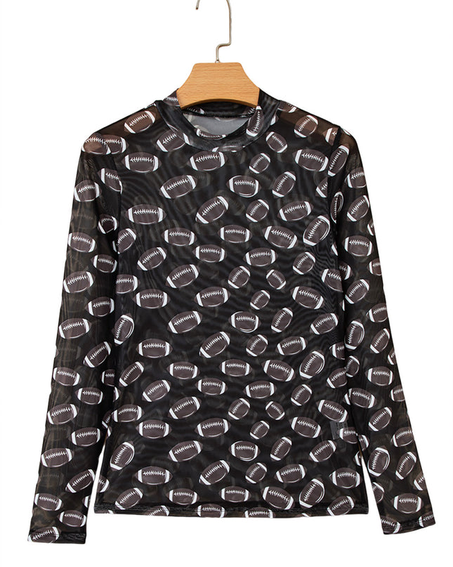 Black Game Day Football Mesh Sheer Long Sleeve Top