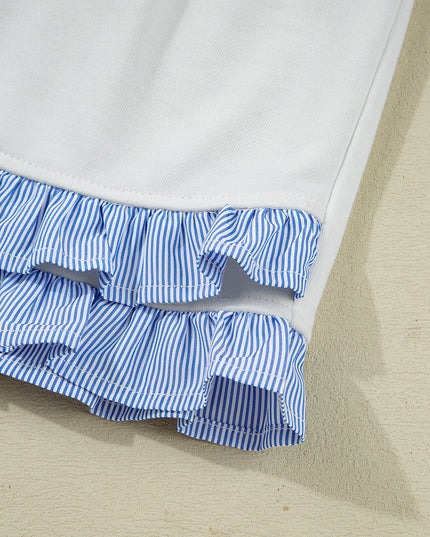 White Striped Ruffle Hem Long Sleeve Pullover and Shorts Set