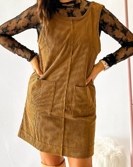 Black Corduroy Exposed Seam Sleeveless Mini Dress