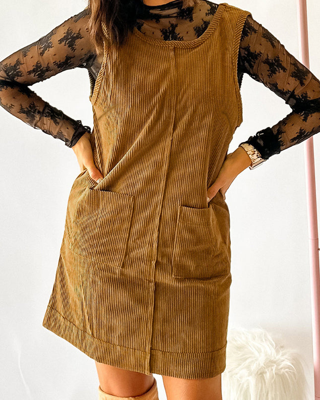 Black Corduroy Exposed Seam Sleeveless Mini Dress