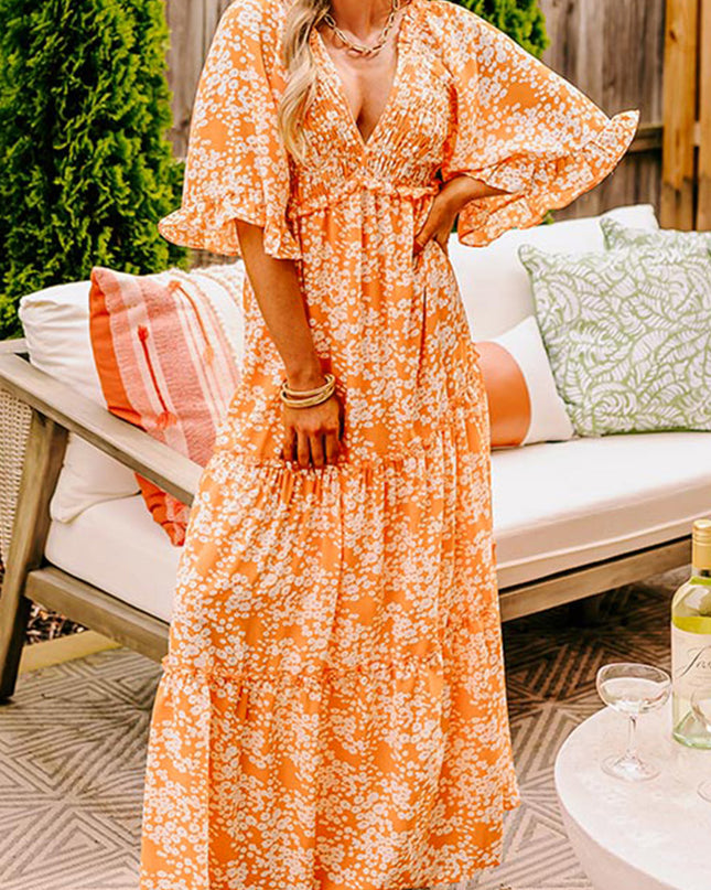Orange Floral Print Smocked V Neck Bell Sleeve Maxi Dress