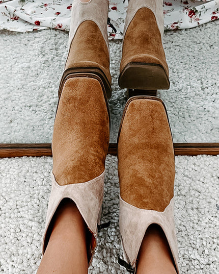 Camel Two Tone Faux Suede Square Toe Chunky Heel Boots