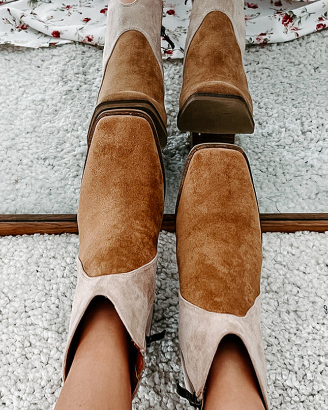 Camel Two Tone Faux Suede Square Toe Chunky Heel Boots