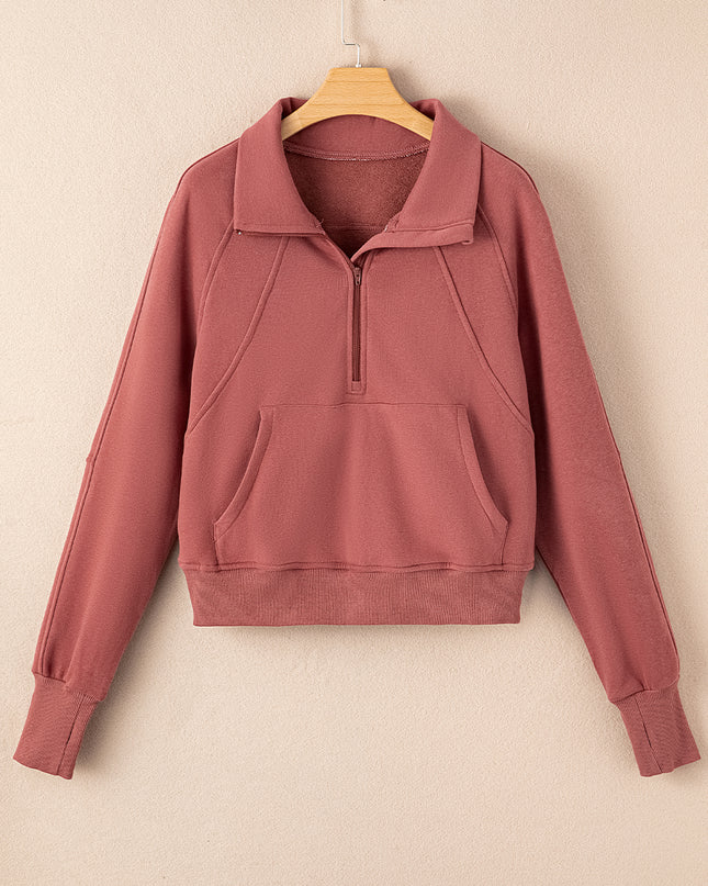 Black Zip Up Stand Collar Ribbed Thumbhole Sleeve Sweatshirt