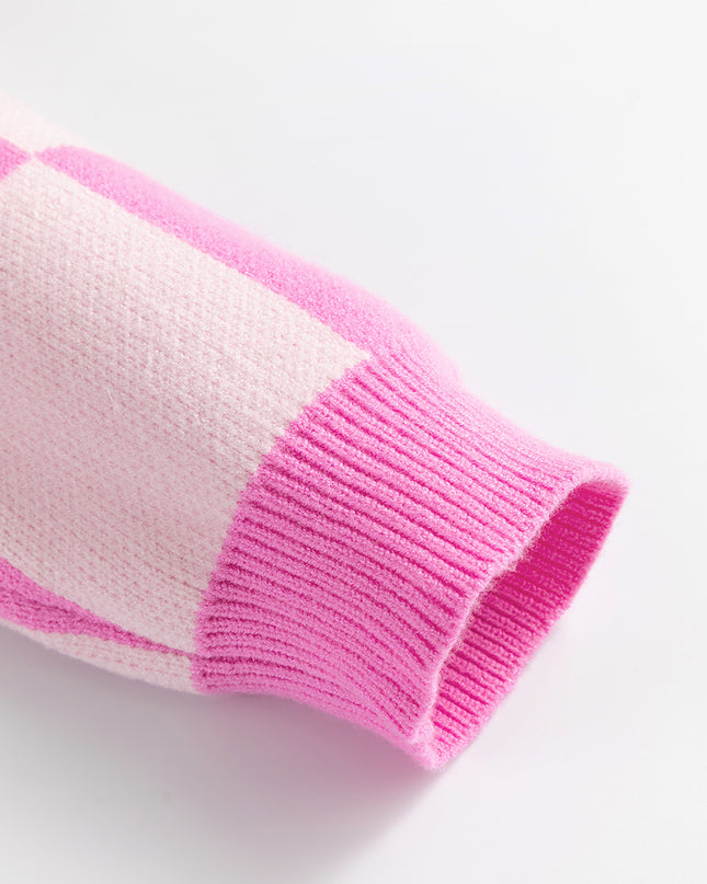 Pink Checkered Button Collared Sweater
