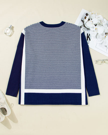 Blue Striped Colorblock Patchwork Dolman Oversize Tunic Sweater