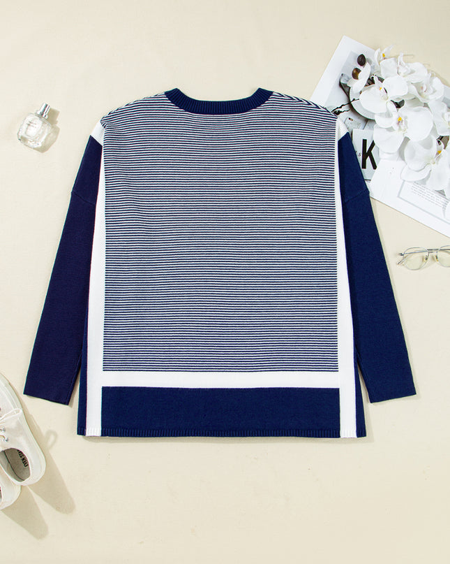 Blue Striped Colorblock Patchwork Dolman Oversize Tunic Sweater