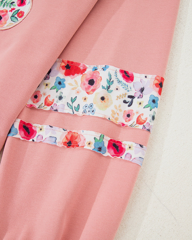Peach Blossom Flower Applique Patchwork Drop Sleeve Pullover Sweatshirt