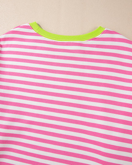 Blue Striped Contrast Trim Drop Shoulder Sweatshirt