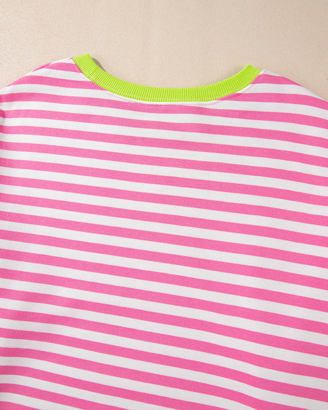 Blue Striped Contrast Trim Drop Shoulder Sweatshirt