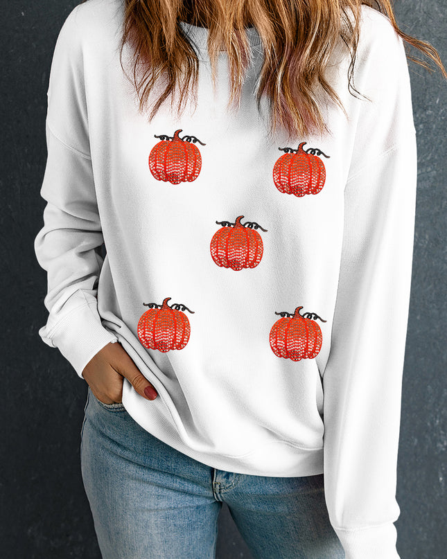 White Sequin Pumpkin Patched Drop Shoulder Sweatshirt