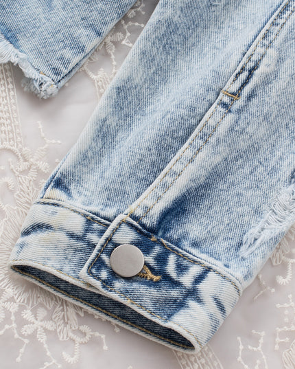 Light Blue Distressed Ripped Raw Hem Buttons Denim Jacket