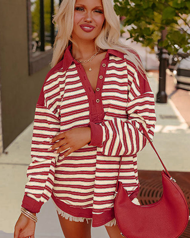 Red Stripe Collared V Neck Drop Shoulder Top
