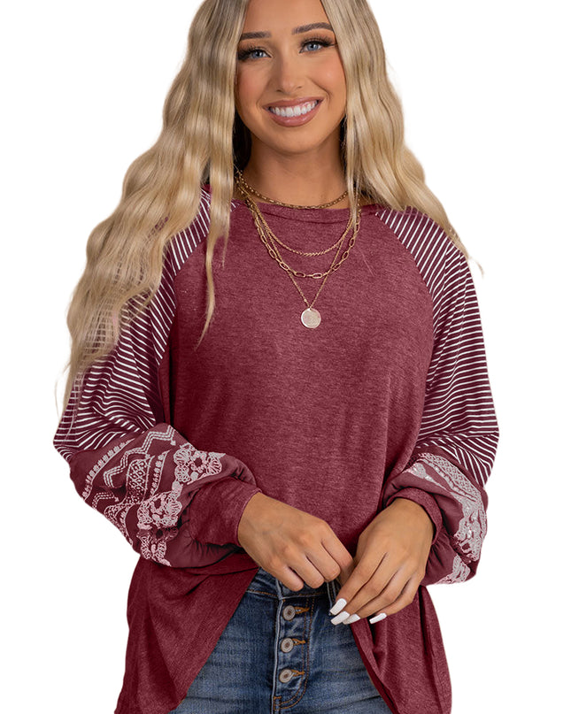 Rose Red Contrast Print Striped Raglan Long Sleeve Loose Top