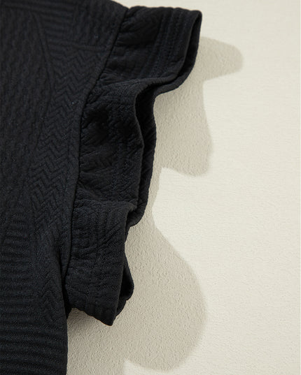 Black Textured Ruffle Summer Top and Drawstring Pants Set