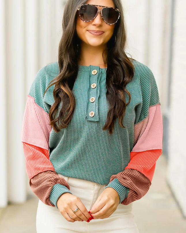 Multicolour Twisted Ribbed Colorblock Patchwork Henley Top