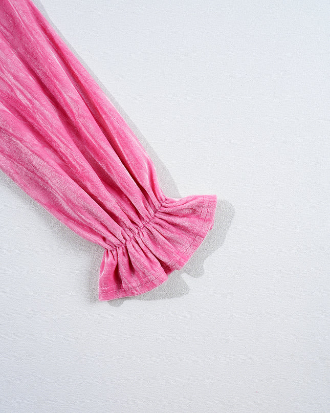 Strawberry Pink Flounce Sleeve Tiered Ruffled Velvet Mini Dress