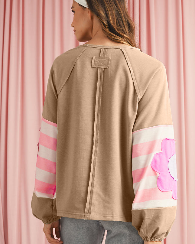 Smoke Green Flower Patchwork Exposed Seam Raglan Sleeve Top
