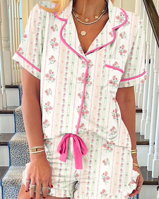 Pink Polka Dot and Bow Print Ruffle Hem Shorts Pajama Set