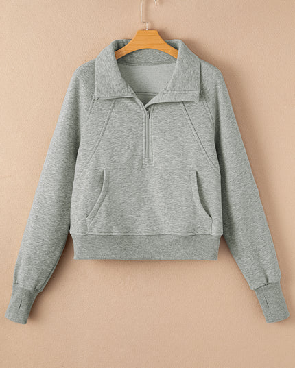 Black Zip Up Stand Collar Ribbed Thumbhole Sleeve Sweatshirt