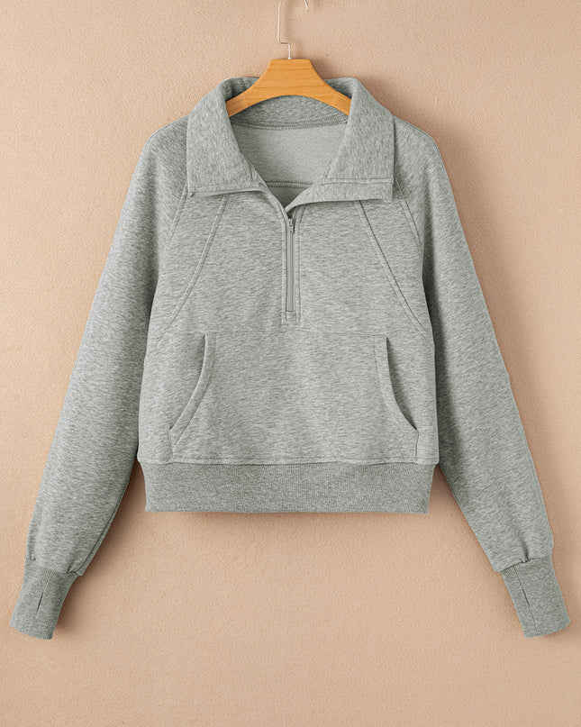 Black Zip Up Stand Collar Ribbed Thumbhole Sleeve Sweatshirt