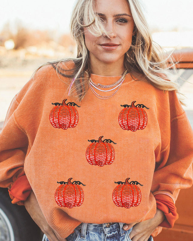Orange Sequin Pumpkin Patched Twisted Rib Baggy Sweatshirt