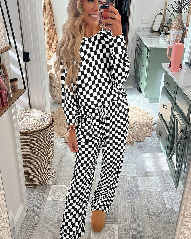 Beige Checkered Print Long Sleeve Loose Fit Pajama Set