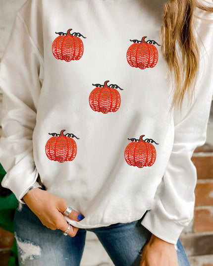 White Sequin Pumpkin Patched Drop Shoulder Sweatshirt