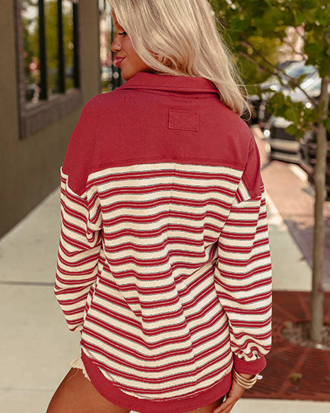 Red Stripe Collared V Neck Drop Shoulder Top