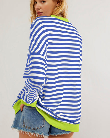 Blue Striped Contrast Trim Drop Shoulder Sweatshirt
