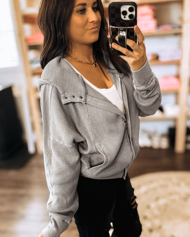 Gray Waffle Splicing Zip Up Front Button Hooded Jacket