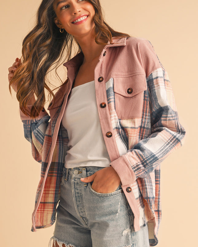 Cinnamon Plaid Corduroy Patchwork Pocket Loose Shacket