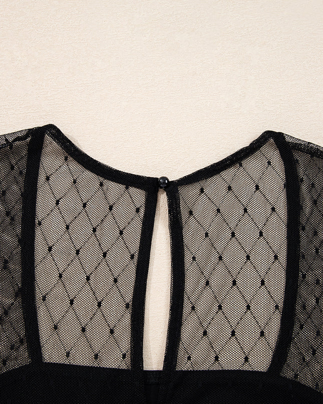 Black Polka Dot Mesh Long Sleeve Square Neck Bodysuit