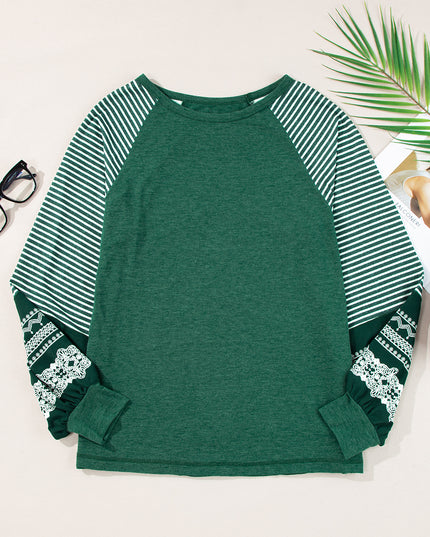 Rose Red Contrast Print Striped Raglan Long Sleeve Loose Top