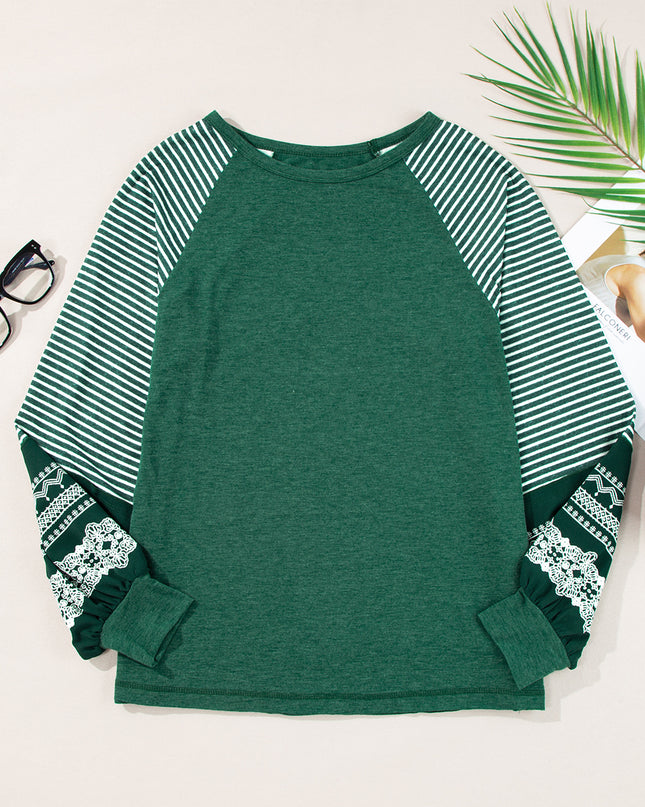 Rose Red Contrast Print Striped Raglan Long Sleeve Loose Top