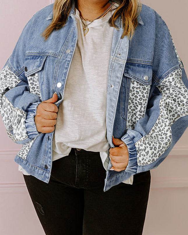 Beau Blue Leopard Patchwork Plus Size Denim Jacket