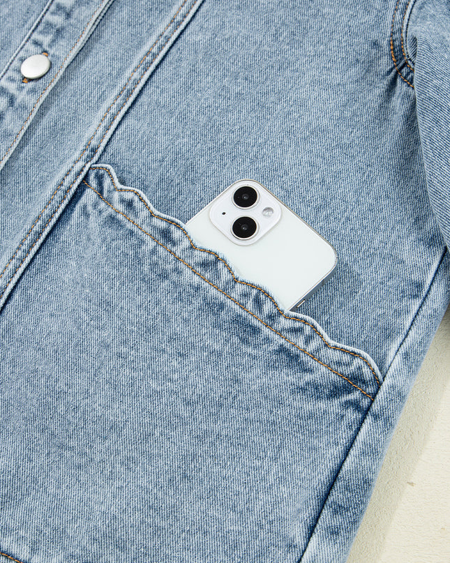 Myosotis Scallop Trim Collar Pocket Button Up Denim Jacket