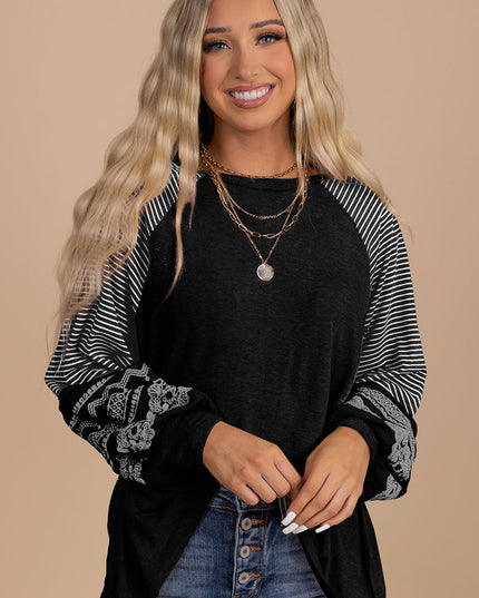 Rose Red Contrast Print Striped Raglan Long Sleeve Loose Top