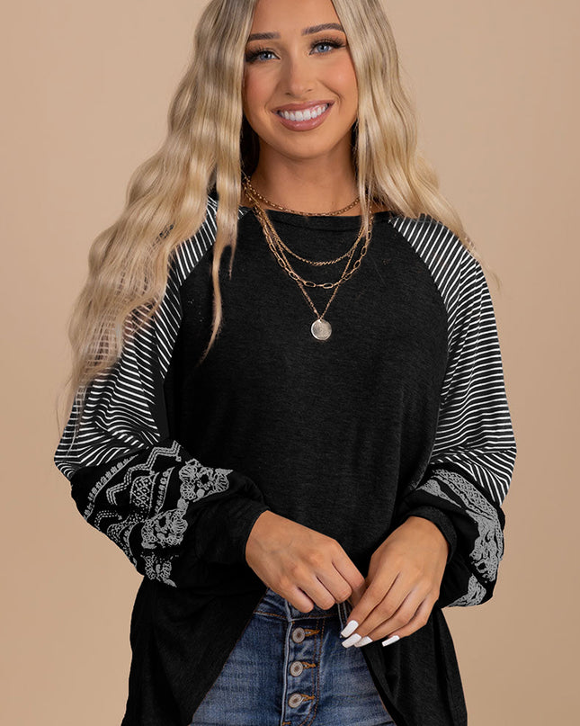 Rose Red Contrast Print Striped Raglan Long Sleeve Loose Top