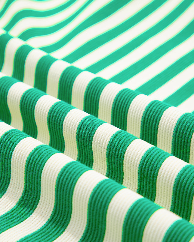 Green Striped Ruffle Short Sleeve Pop of Color Neckline Dress