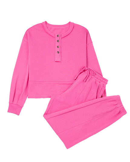 Bright Pink Raw Edge Henley Pullover and Jogger Pants Set