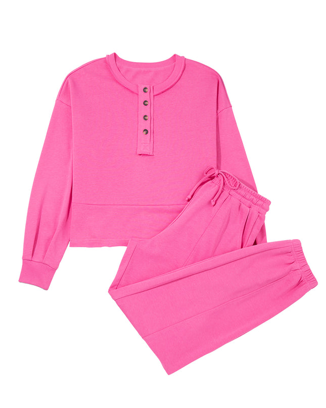 Bright Pink Raw Edge Henley Pullover and Jogger Pants Set