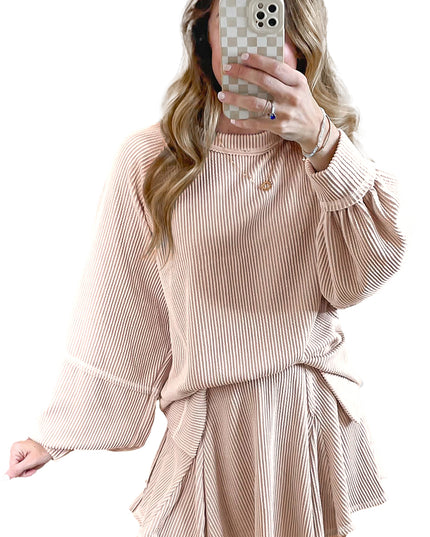 Jet Stream Lantern Sleeve Pullover & Ruffle Mini Skirt Set – Chic Two Piece Outfit