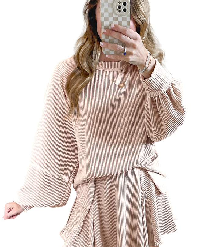 Jet Stream Lantern Sleeve Pullover & Ruffle Mini Skirt Set – Chic Two Piece Outfit