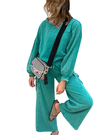 Lapis Mineral Wash Pullover and Wide Leg Cargo Pants Set