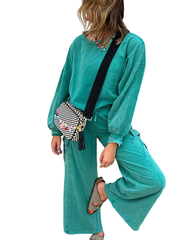 Lapis Mineral Wash Pullover and Wide Leg Cargo Pants Set