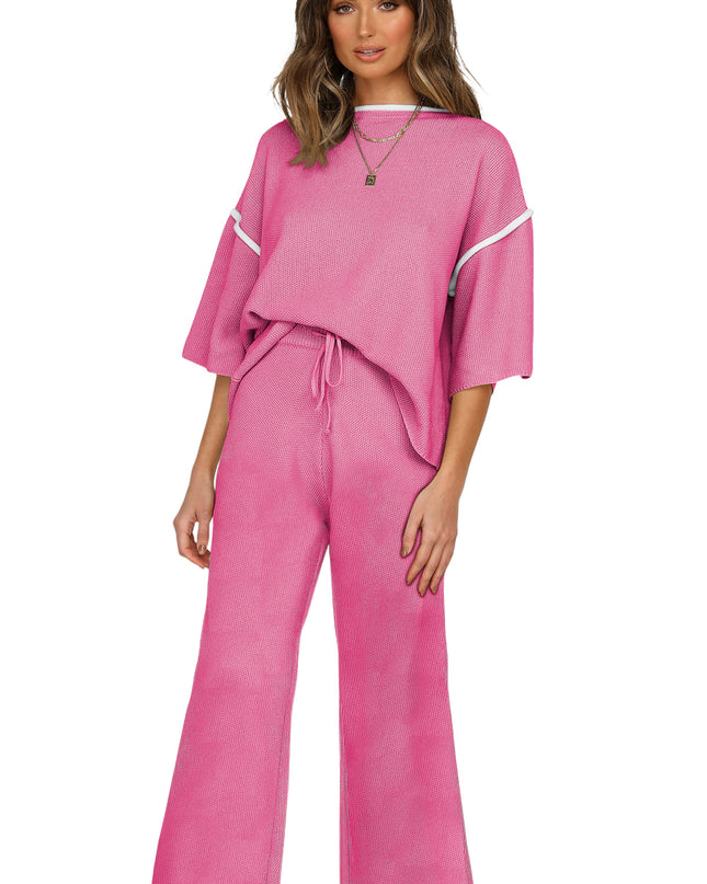 Navy Blue Loose Contrast Trim Half Sleeve Top and Drawstring Pants Set
