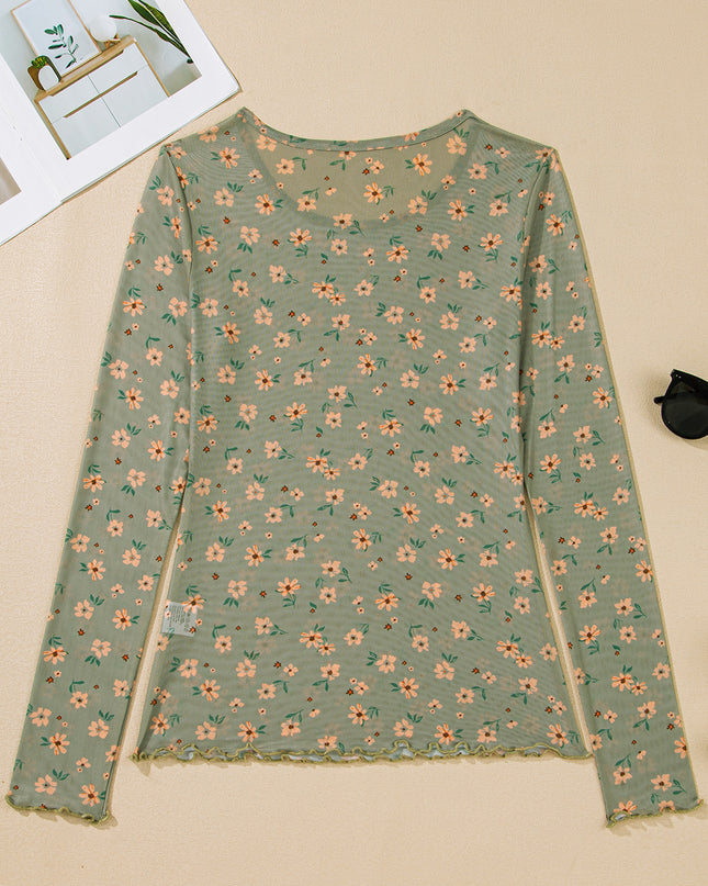 Laurel Green Vintage Floral Print Mesh Slim Fit Long Sleeve Top