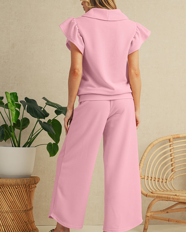 Beau Blue Textured Ruffle Sleeve Zipped Top and Wide Leg Pants Set