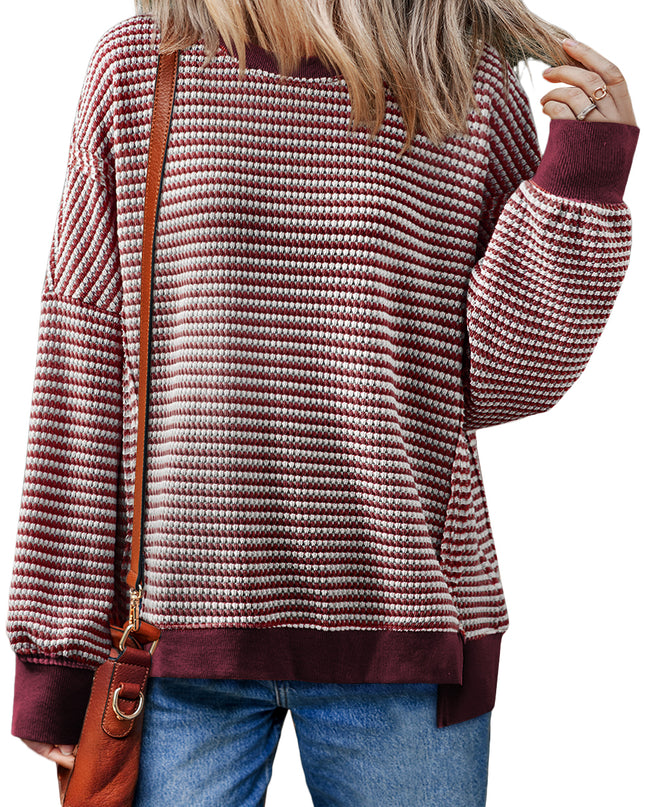 Brown Stripe Ribbed Trim Drop Shoulder Long Sleeve Oversized Top